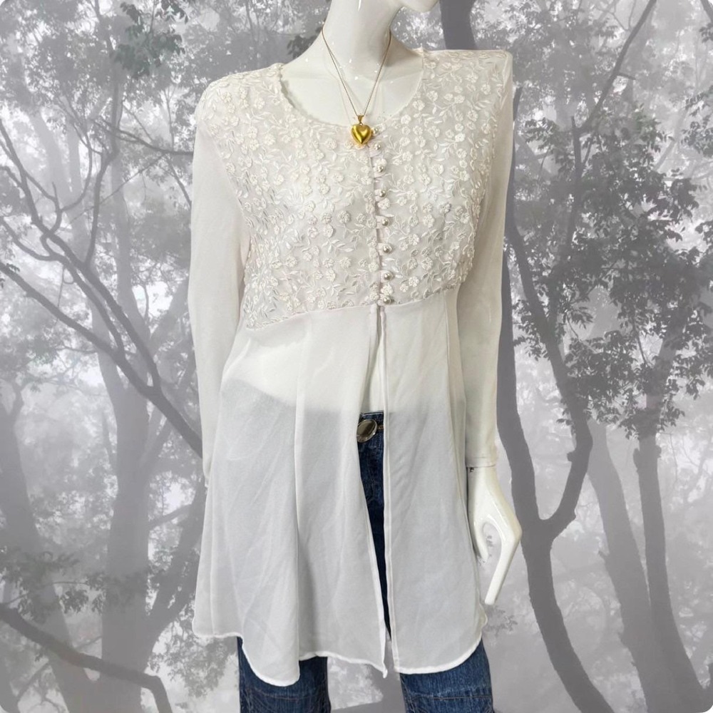 Vintage Sheer Floral Embroidered Lace Long Blouse – Cottagecore Angelic Top L